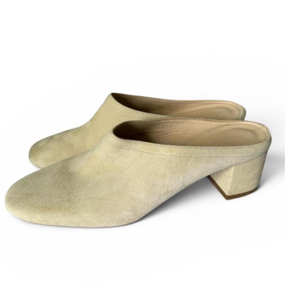 Everlane made in Italy suede mule heels in the perfect creamy oat neutral